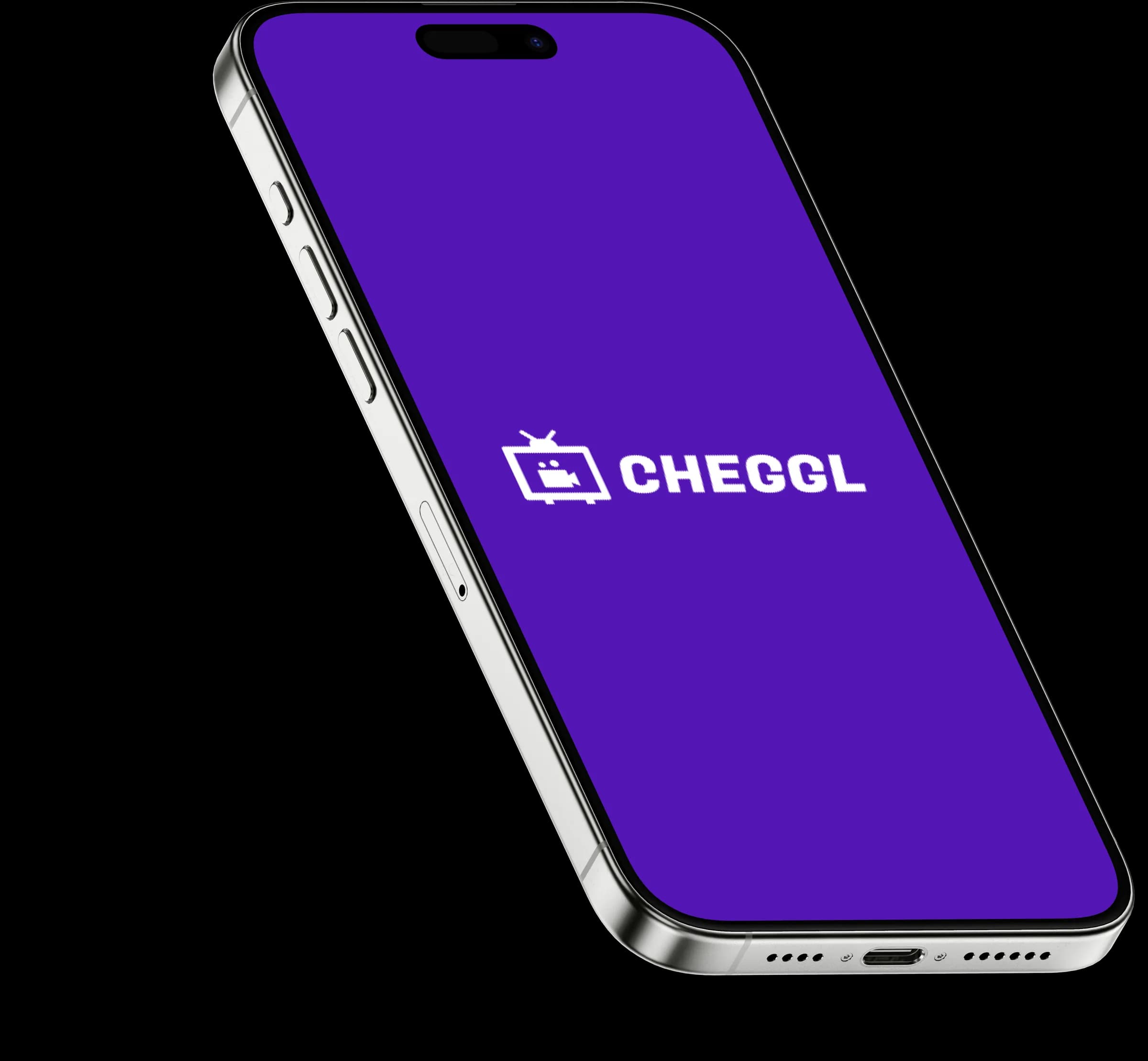 iPhone tilted toward the viewer, showing the violet Cheggl splash screen