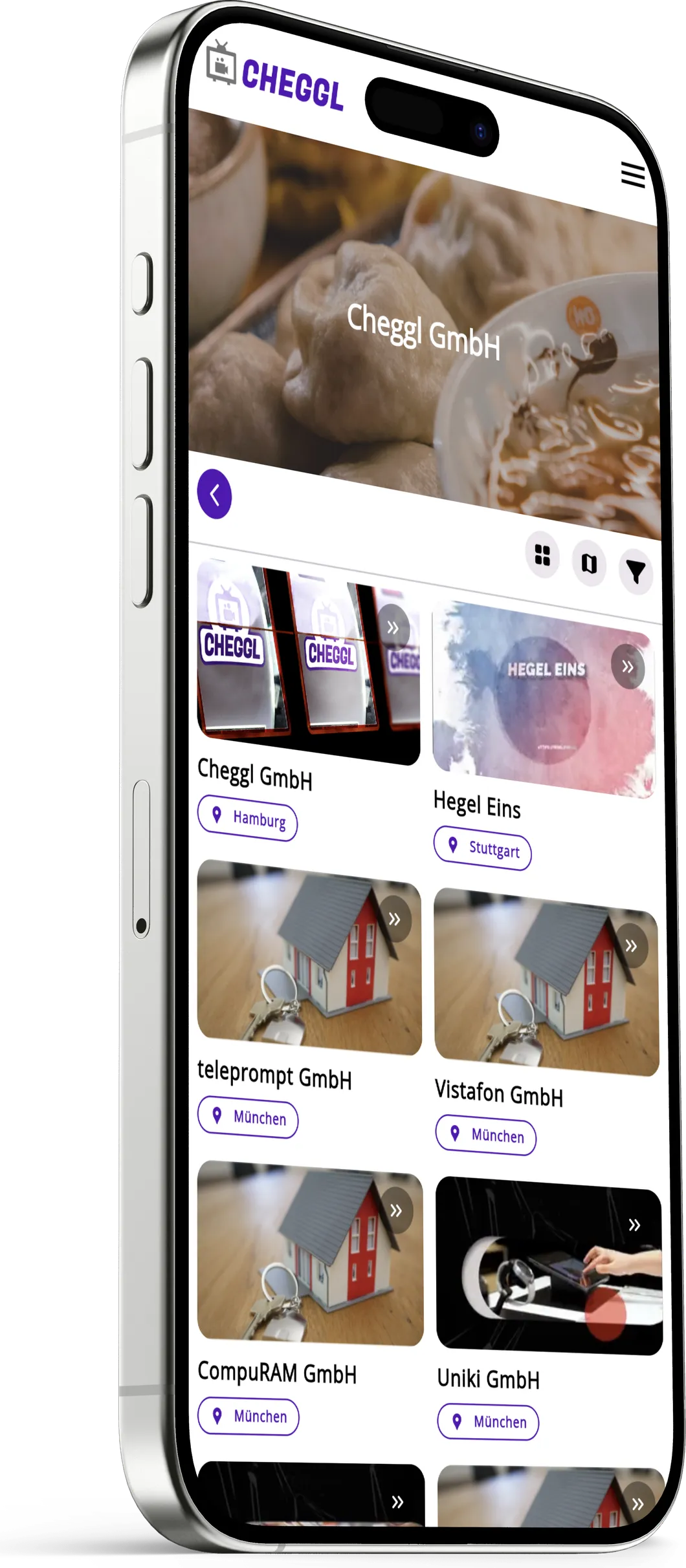 Cheggl on iPhone: company listings as video cards, each tagged with its city, such as Hamburg, Stuttgart and München