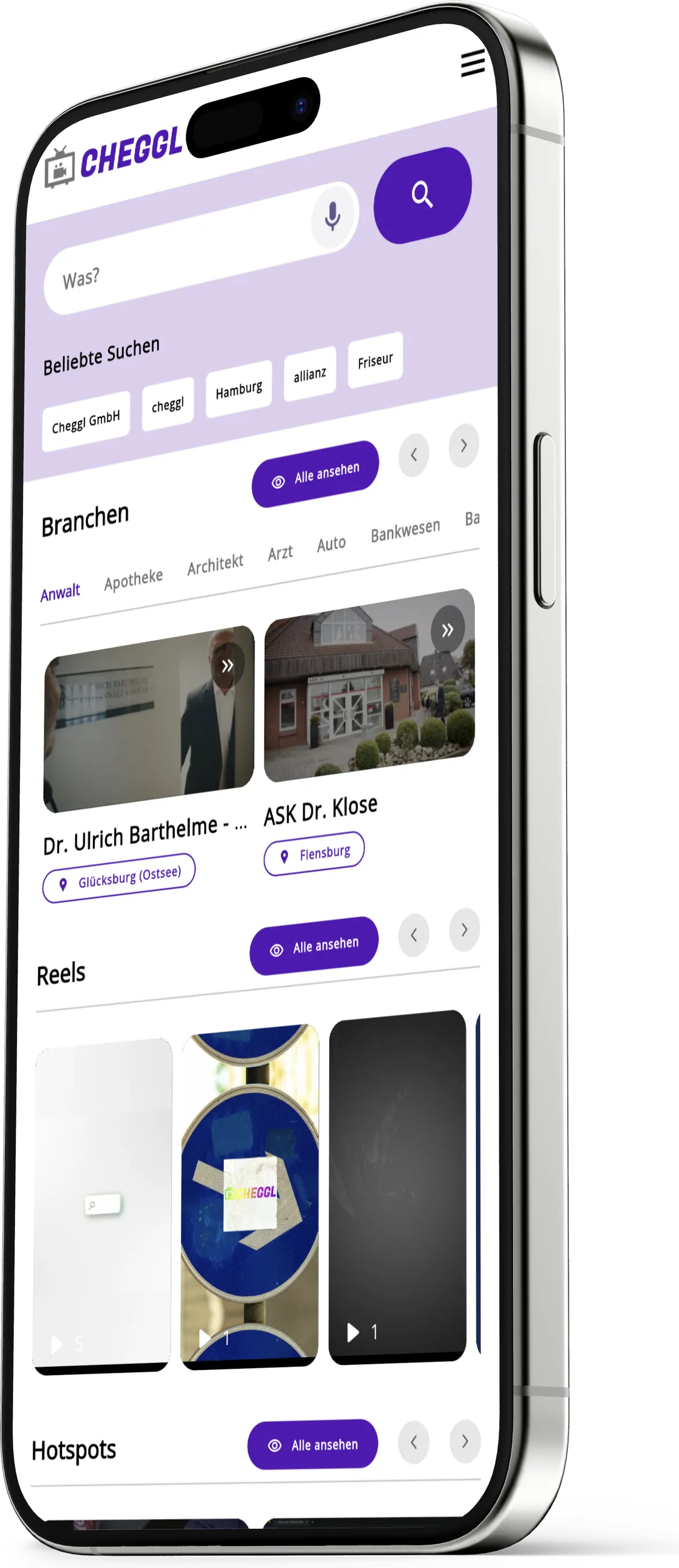 Cheggl mobile home screen on iPhone: search with voice input, popular searches, industries, featured companies, reels and hotspots