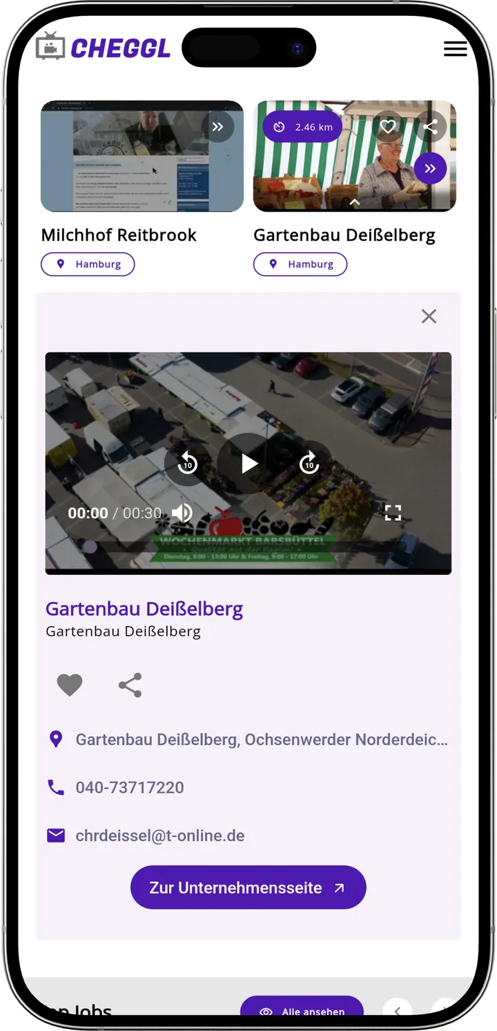 Nearby businesses with an inline video player and a link to the company page