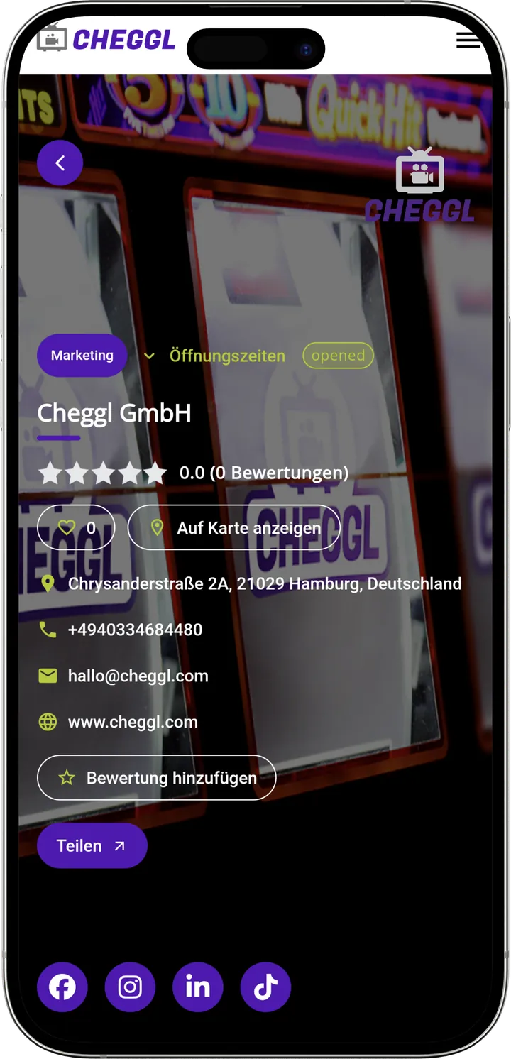 Cheggl GmbH profile with opening hours, contact details and social links