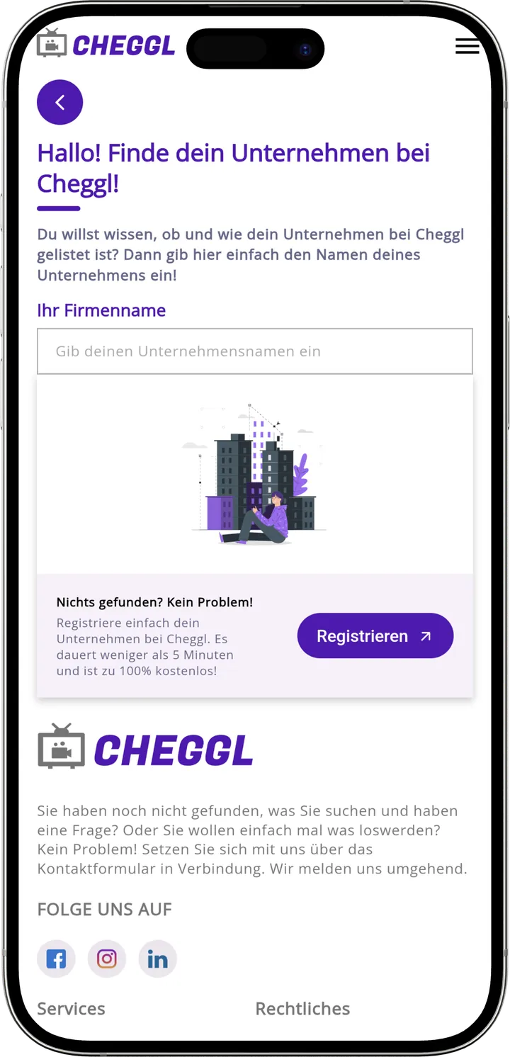 “Find your company on Cheggl” search with a registration prompt and footer