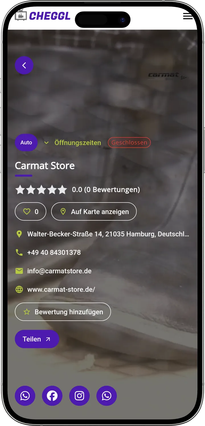 Carmat Store profile with rating, address, map link and share options
