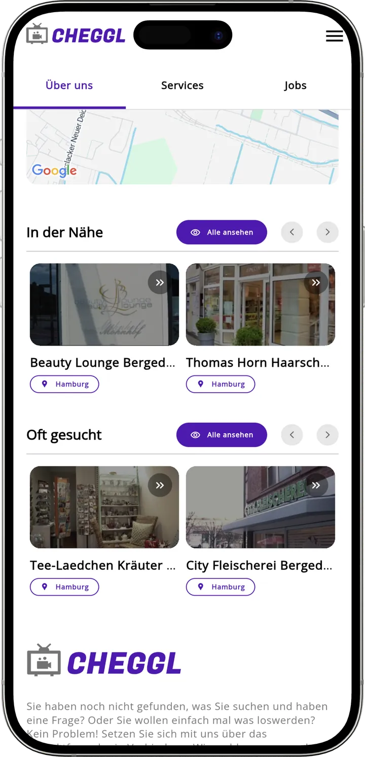 About us tab with weather, a map, nearby and frequently searched businesses