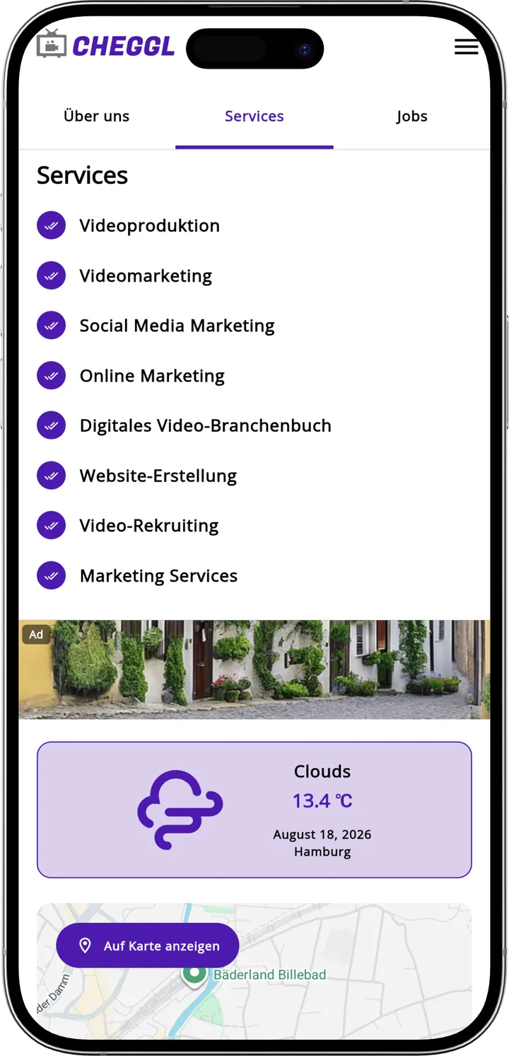 Company Services tab listing video production and marketing services