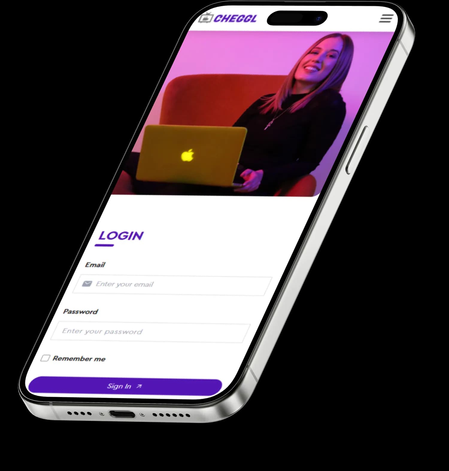 Cheggl login screen on an iPhone: a woman with a laptop above the email and password fields and the Sign In button