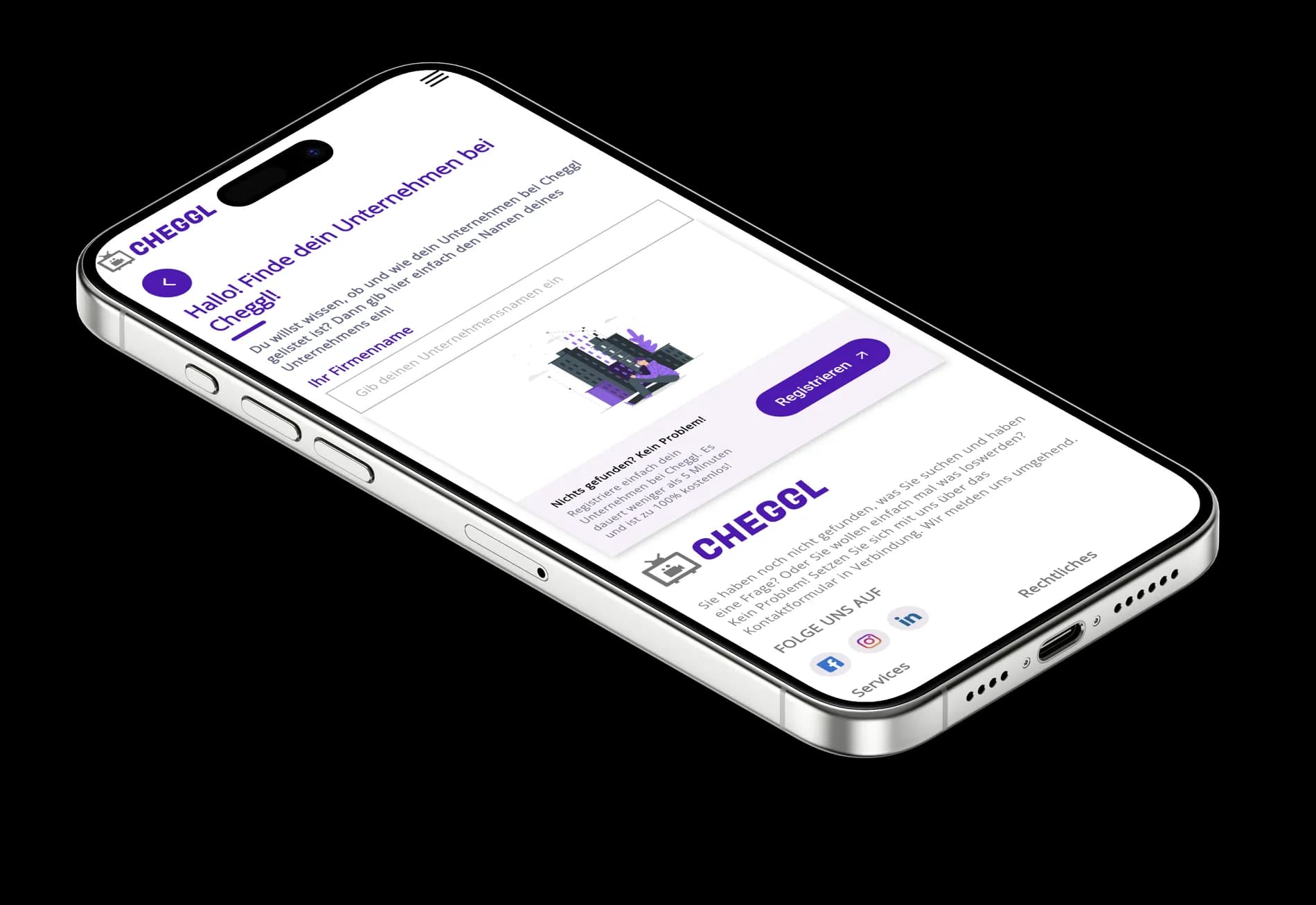 iPhone lying at an angle with the “Find your company on Cheggl” screen, where a new company starts its registration