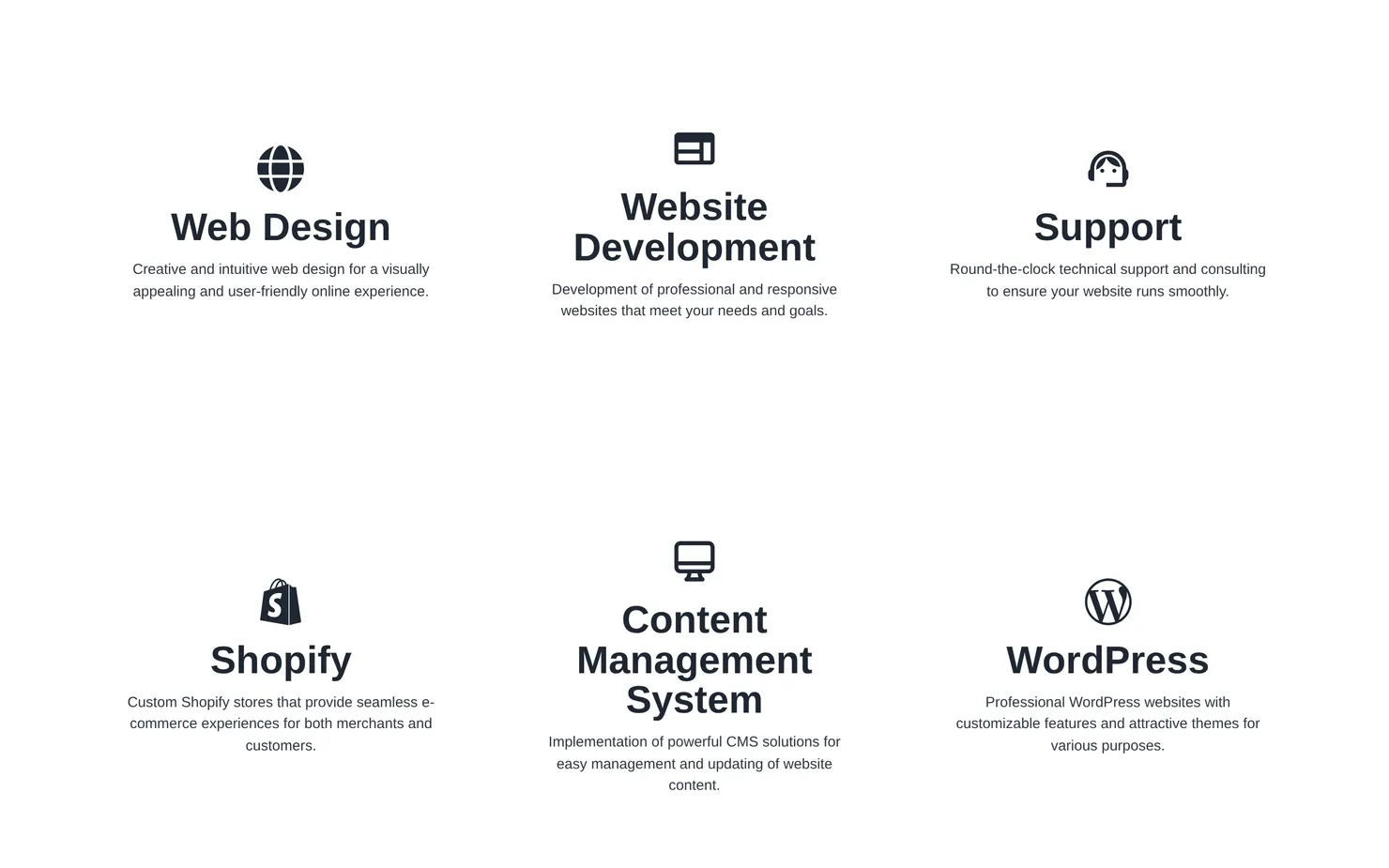 The services grid of cheggl.online: Web Design, Support, Shopify, Content Management System and more, each with an icon, a title and a short description