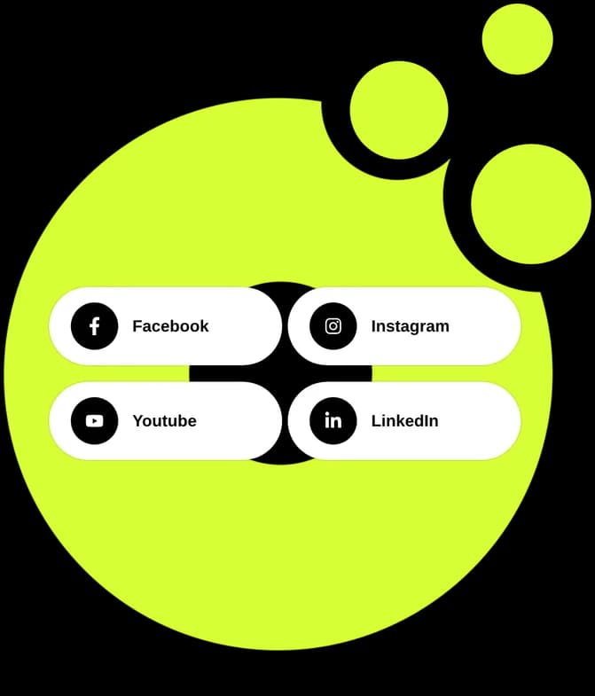 The lime circle with Facebook, Instagram, Youtube and LinkedIn buttons