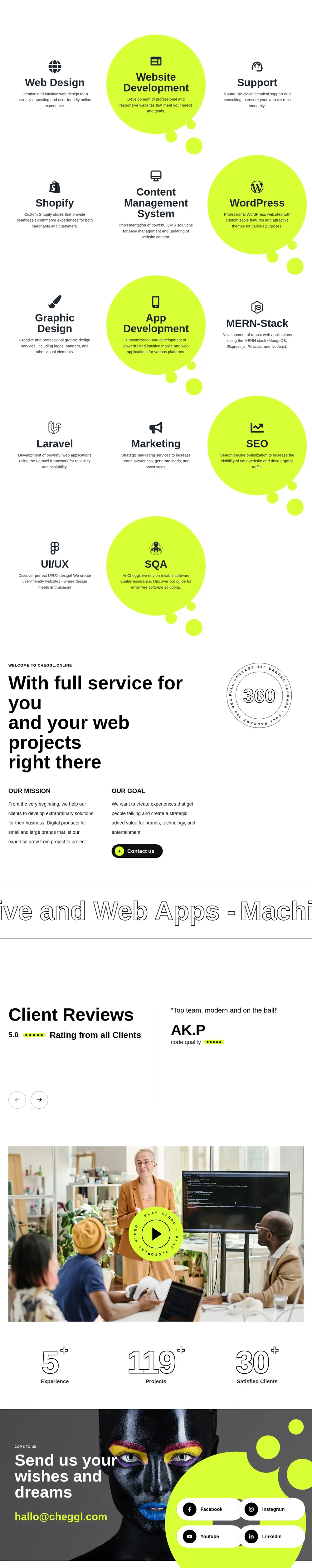 The cheggl.online home page below the hero: the lime service bubbles from Web Design to SQA, “With full service for you”, client reviews, the 5 / 119 / 30 counters, the “Send us your wishes and dreams” call to action and the client logos