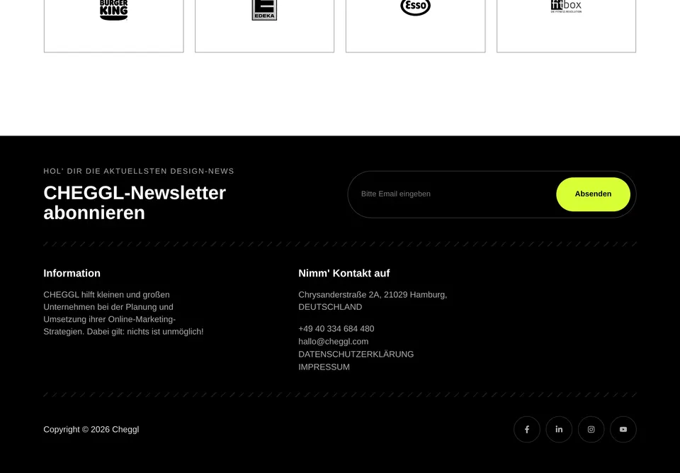 The “Newsletter & footer” part of the Deutsch cheggl.online home page