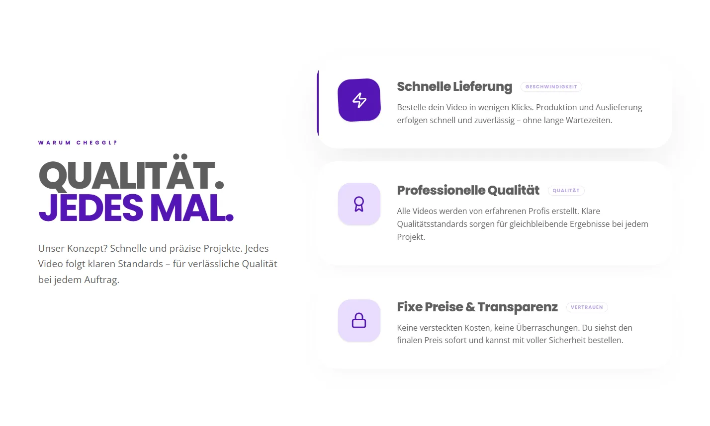 Warum Cheggl section of the shop: "Qualität. Jedes Mal." beside three benefit cards for fast delivery, professional quality and fixed, transparent prices