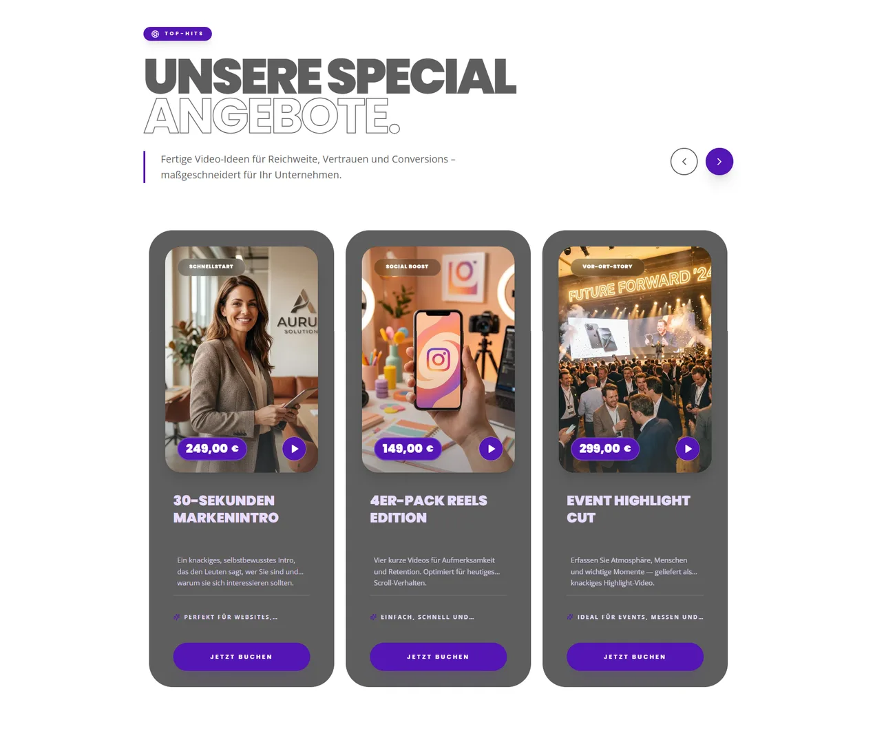 Unsere Special-Angebote section of the shop with three video packages, a 4er-Pack Reels Edition, a 30-Sekunden Markenintro and an Event Highlight Cut, each with its fixed price
