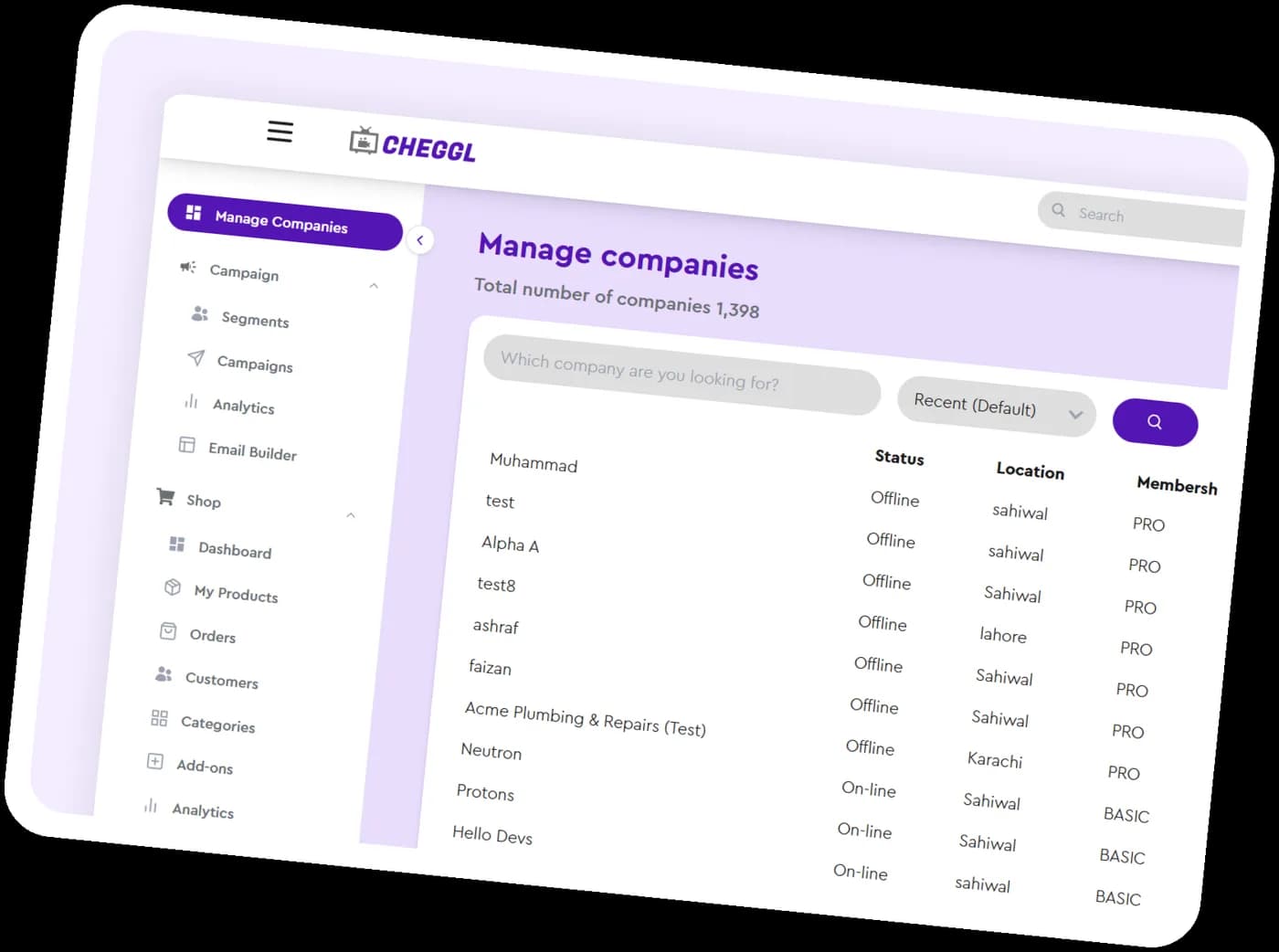 Cheggl Manage companies screen: a sidebar with Campaign and Shop modules beside a searchable table of companies with status, location and membership