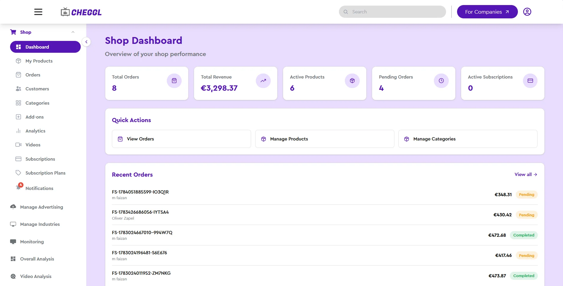 Cheggl Shop Dashboard, the seller's overview: a Shop sidebar with Dashboard, My Products, Orders, Customers, Categories, Add-ons, Analytics, Videos and Subscriptions, KPI cards for total orders, revenue, active products and pending orders, quick actions and a list of recent orders marked pending or completed