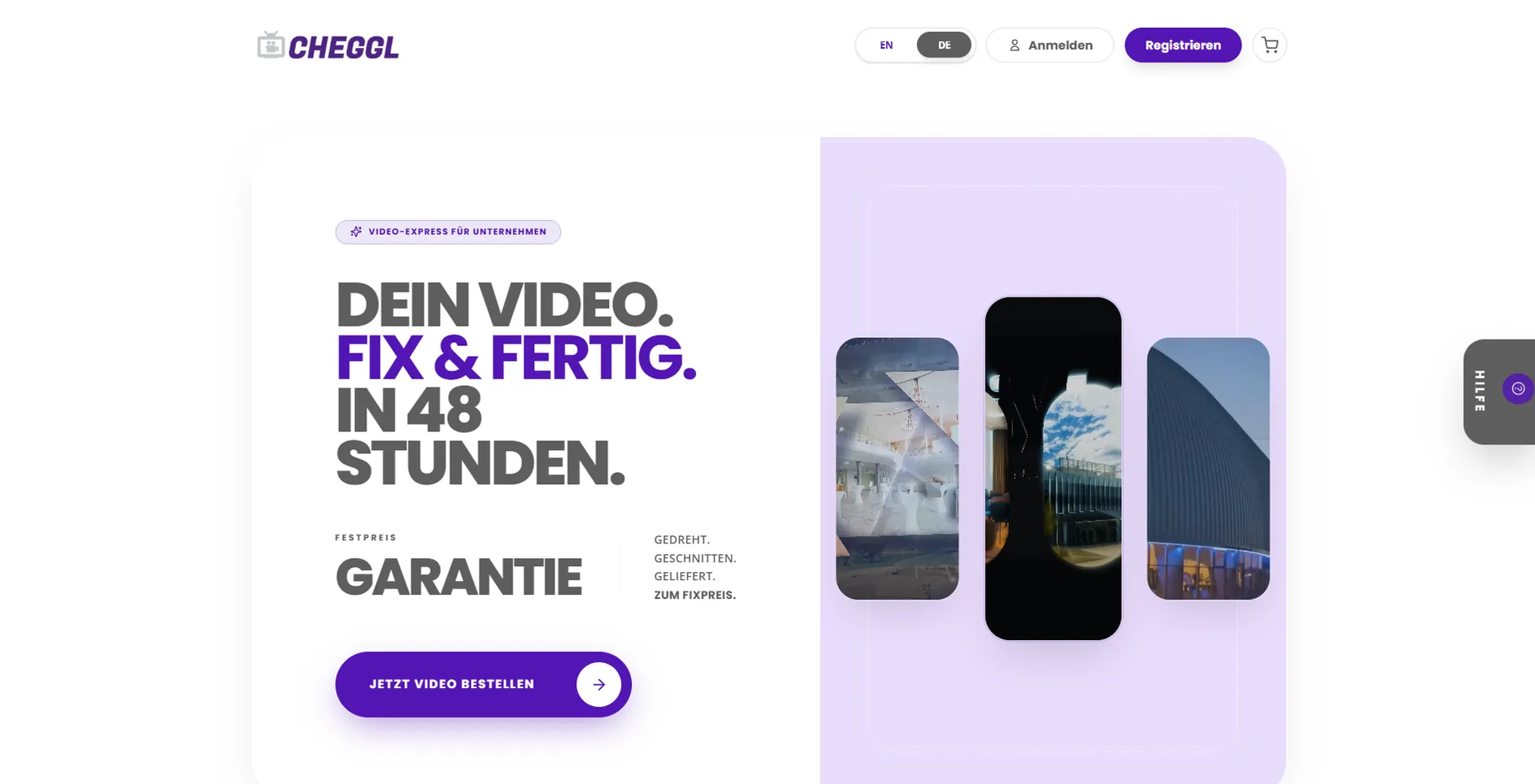 Cheggl landing page hero: "Dein Video. Fix & fertig. In 48 Stunden." with a fixed-price guarantee, an order button and three portrait video previews