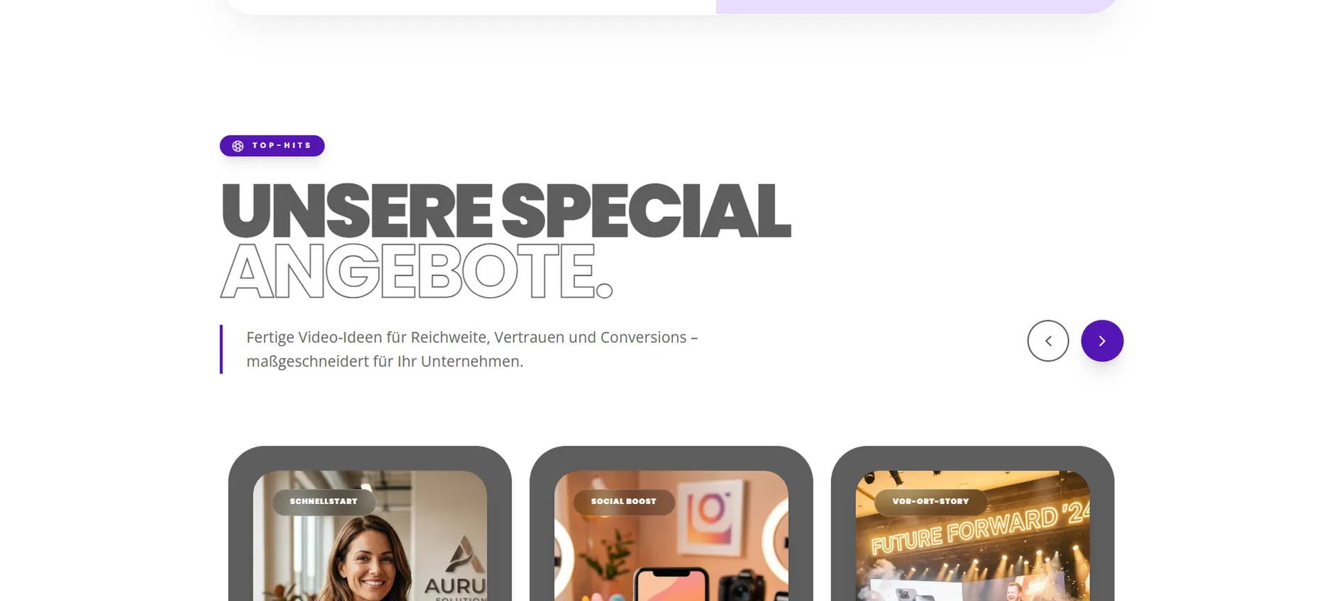"Unsere Special Angebote" section introducing ready-made video offers, with carousel arrows