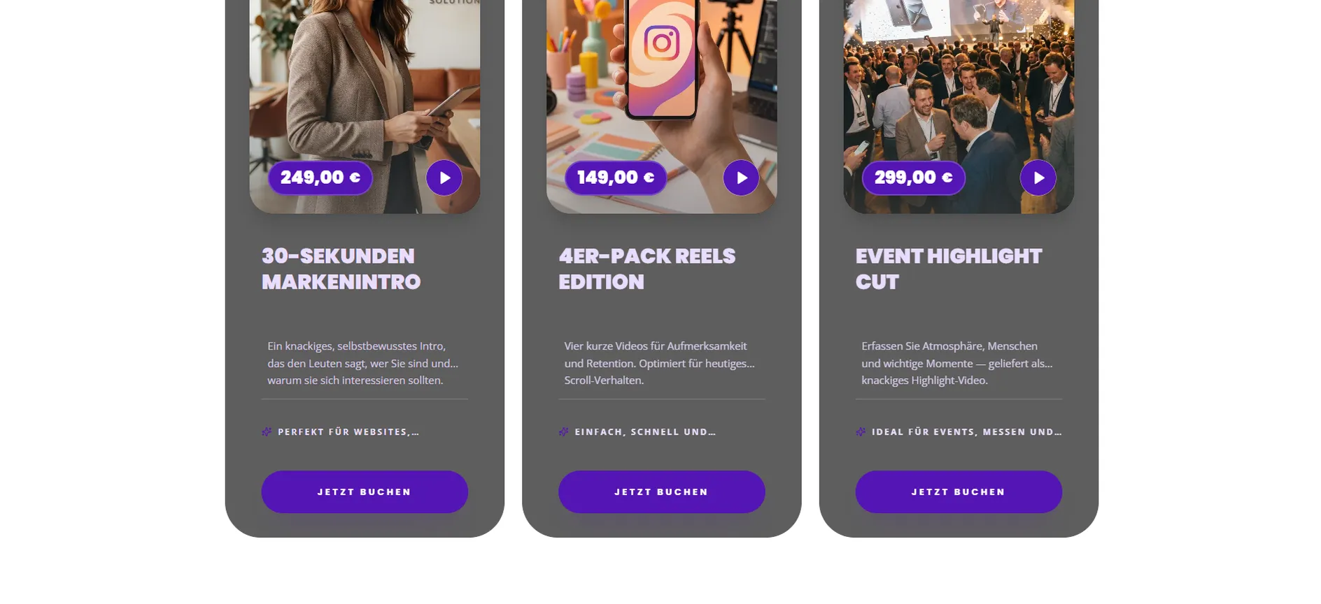 Offer cards for a 30-second brand intro, a four-reel social pack and an event highlight cut, each with its fixed price and a booking button