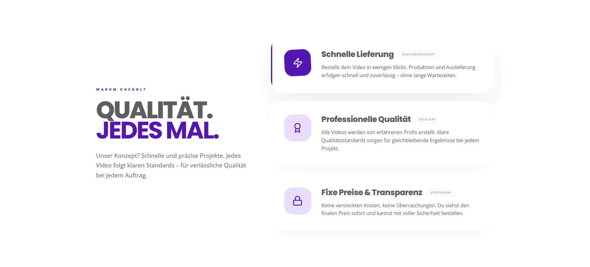 "Qualität. Jedes Mal." section with three promises: fast delivery, professional quality, and fixed prices with full transparency