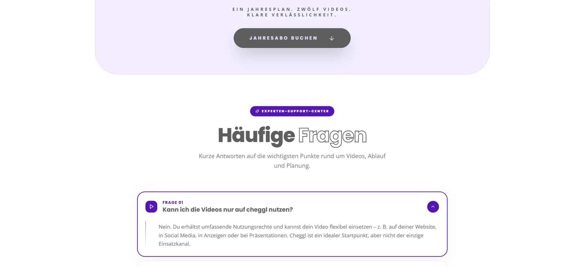 Annual plan booking button, followed by the FAQ with the first question expanded