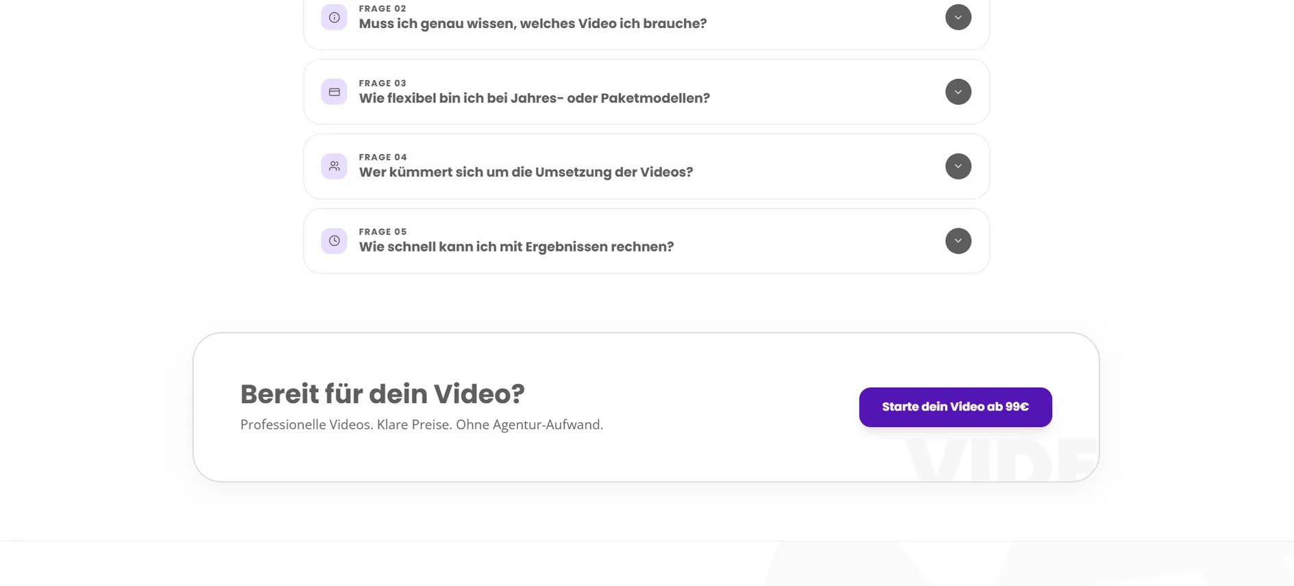 Remaining FAQ questions and a closing call to action: "Bereit für dein Video?"