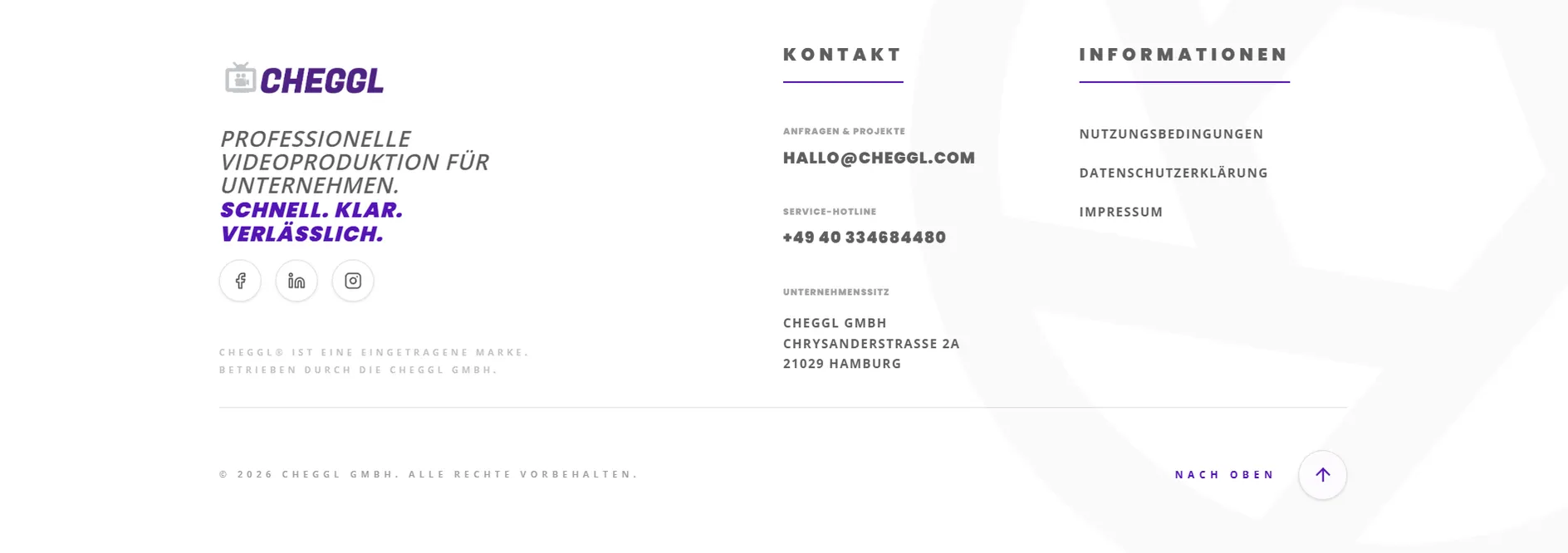 Landing page footer with the Cheggl logo, contact details and legal links