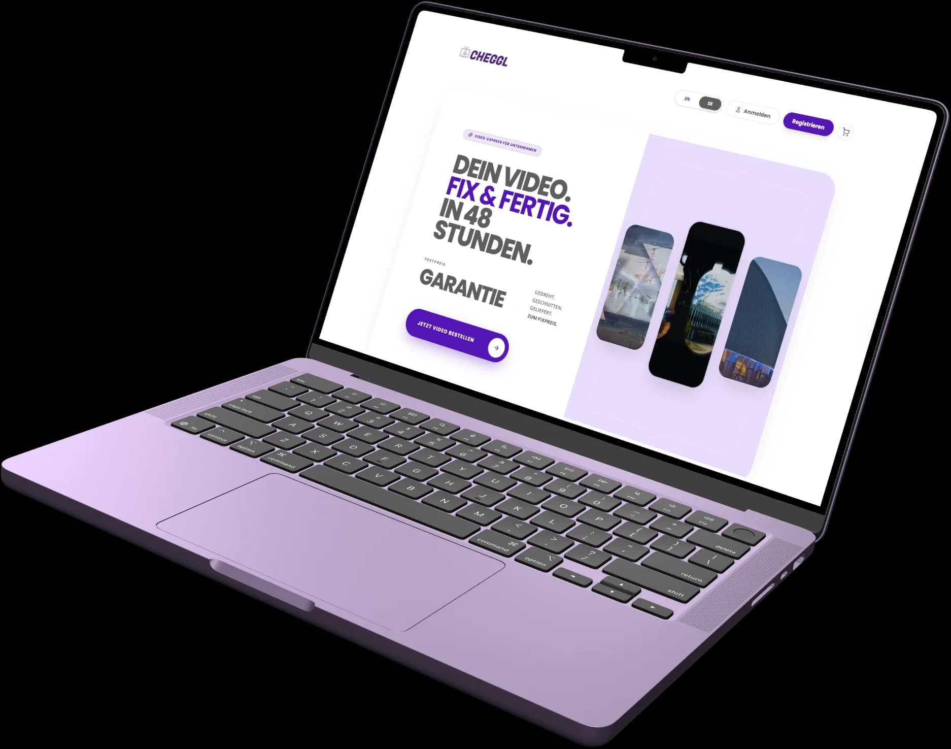 Cheggl Shop home page on a laptop: "Dein Video. Fix & fertig. In 48 Stunden." with a fixed-price guarantee, a Jetzt Video bestellen button and three vertical video previews