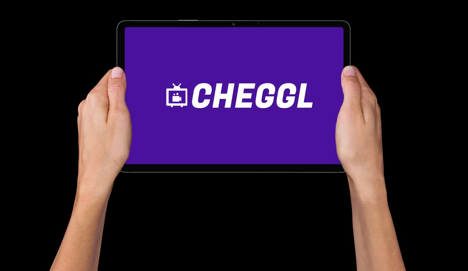 Two hands holding up a tablet showing the Cheggl splash screen