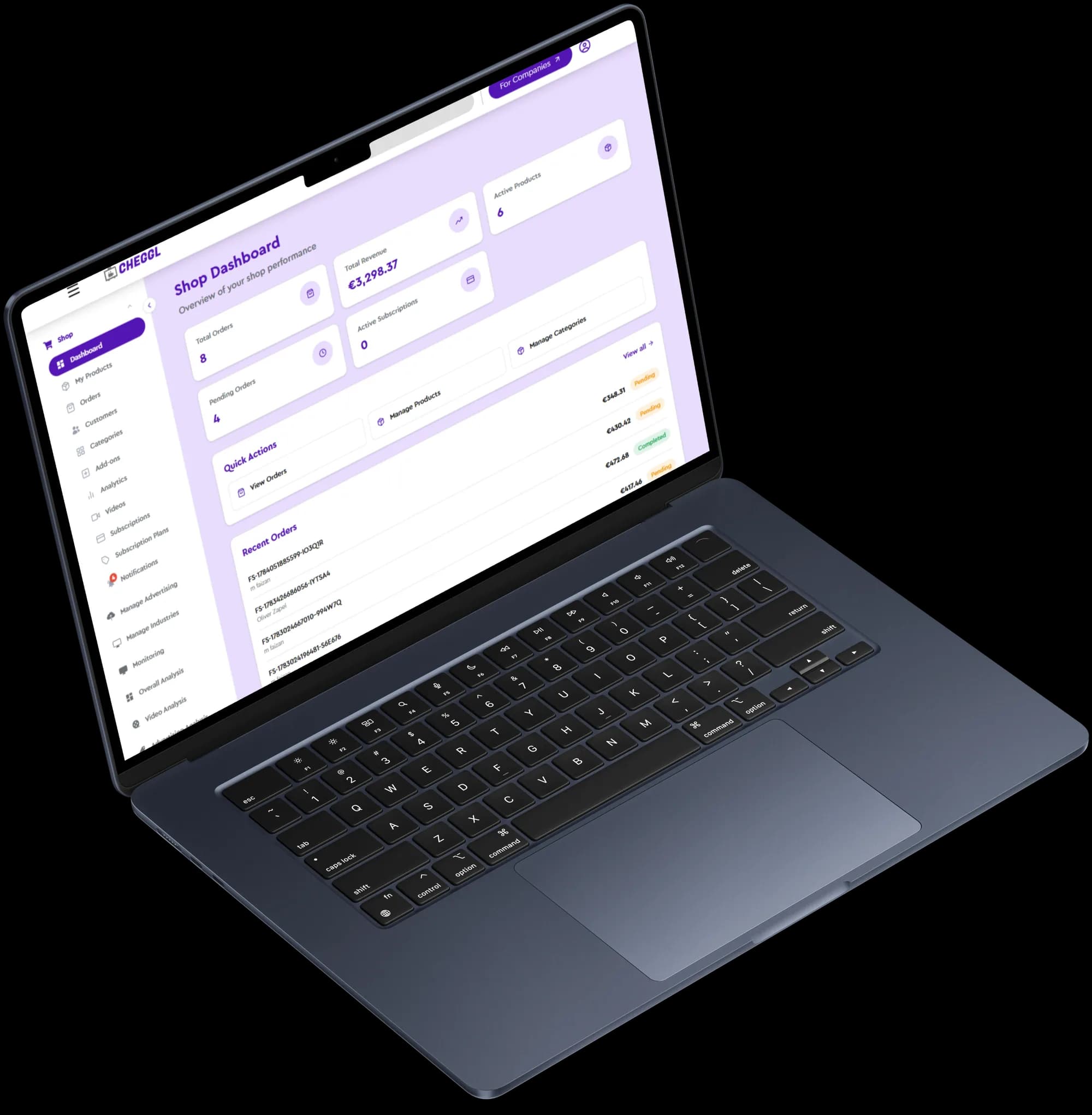 The Cheggl Shop Dashboard on a laptop: order, revenue and product totals, quick actions and a list of recent orders with their status