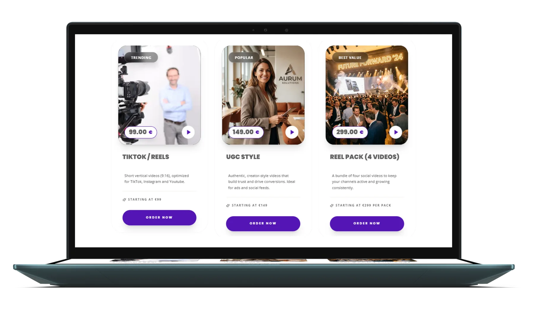 Cheggl Shop on a laptop: three video packages, TikTok / Reels, UGC Style and a Reel Pack of four videos, each with a starting price and an Order now button