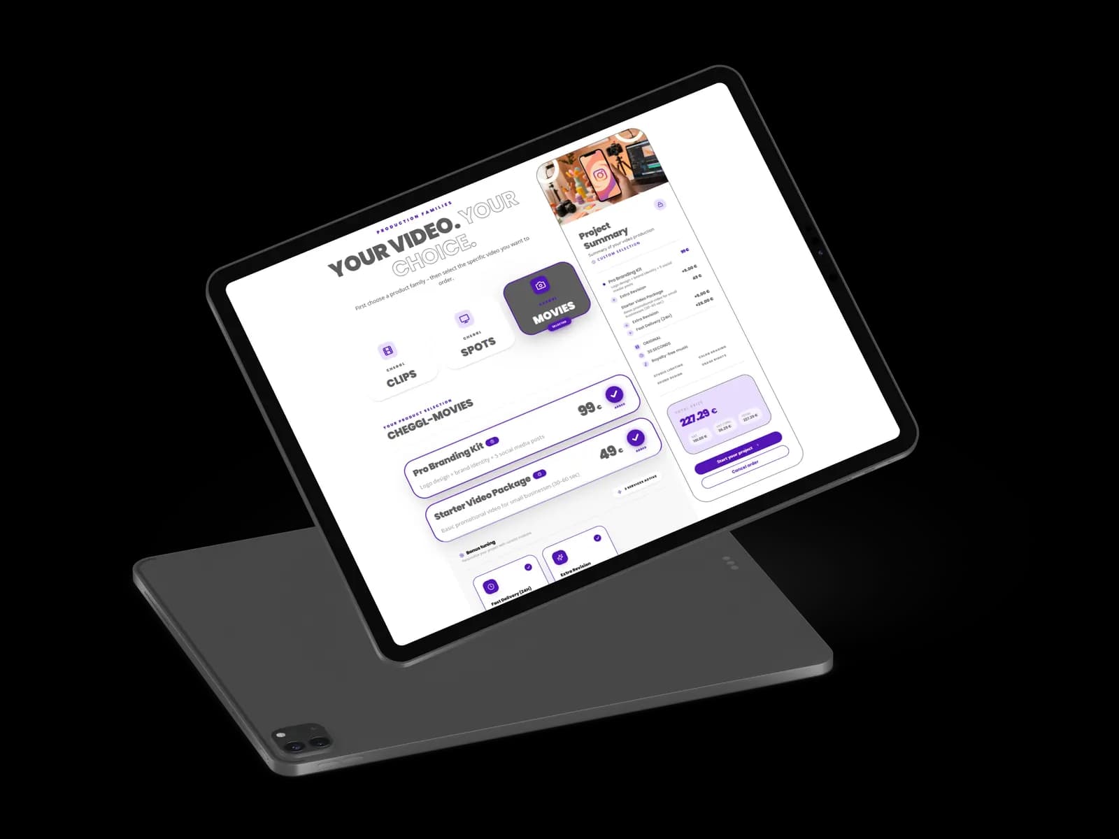 Cheggl Shop on a tablet: “Your video. Your choice.” with Clips, Spots and Movies product families, add-ons such as a Pro Branding Kit and a Starter Video Package, and a running project summary