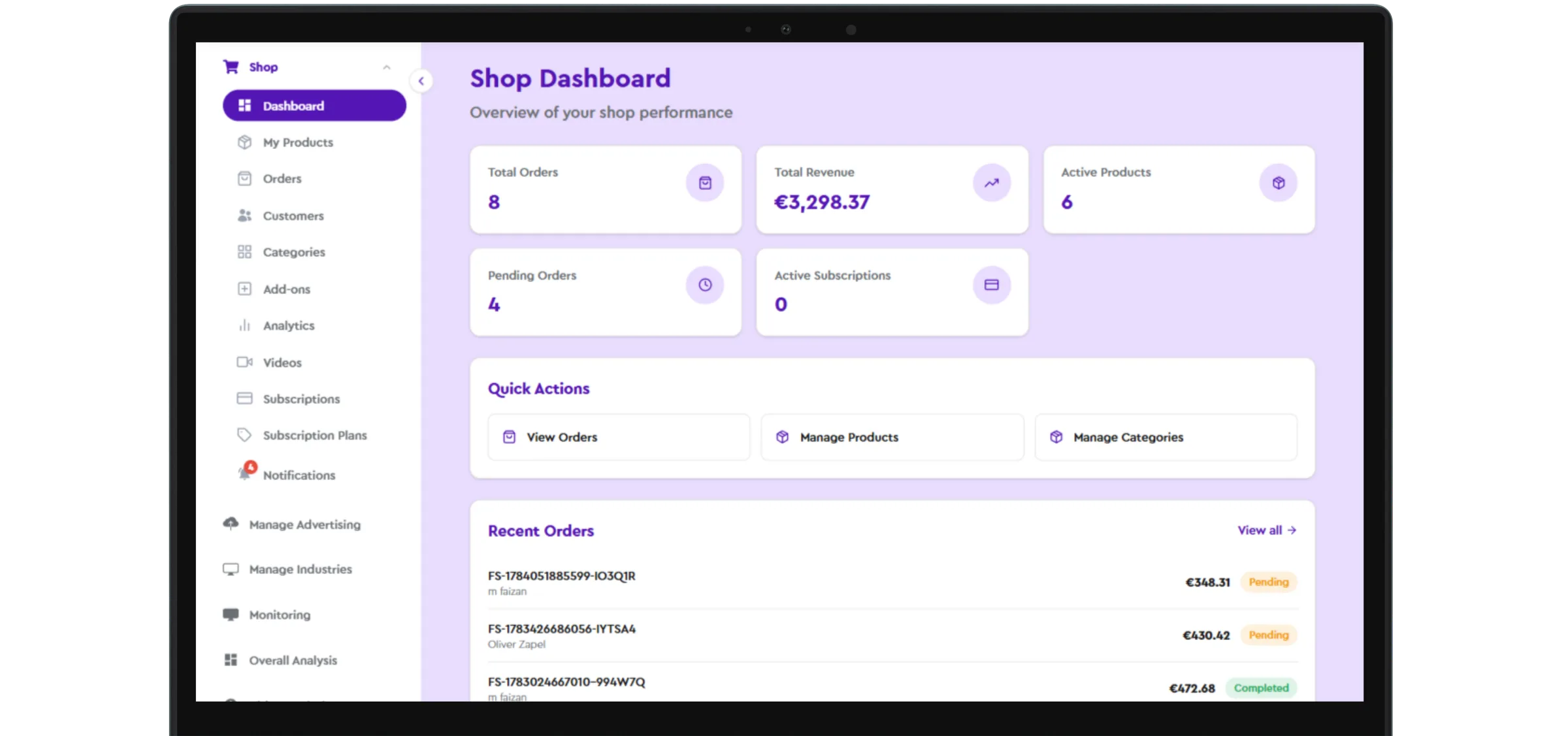 The Cheggl shop back office on a laptop: the Shop Dashboard with total orders, revenue, active products, pending orders, quick actions and recent orders