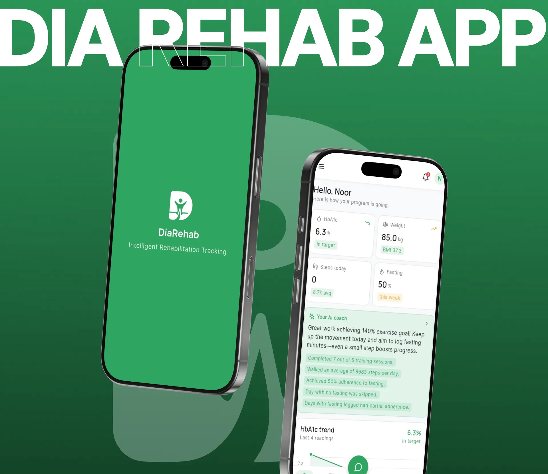 DiaRehab app cover: the green splash screen and the patient dashboard on two phones