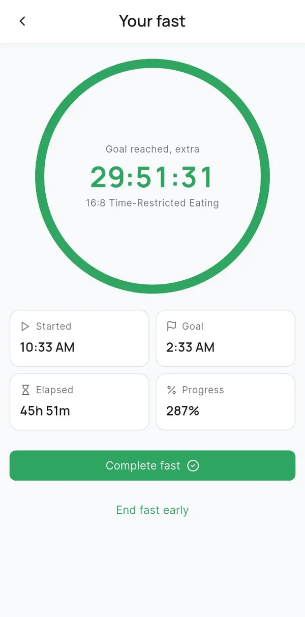 DiaRehab active fast screen with a circular timer, start and goal times, elapsed time and progress