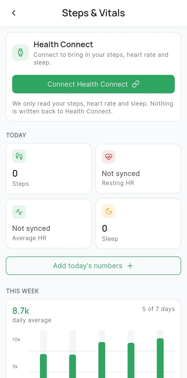 DiaRehab Steps and Vitals screen with the Connect Health Connect button and today's steps, heart rate and sleep tiles