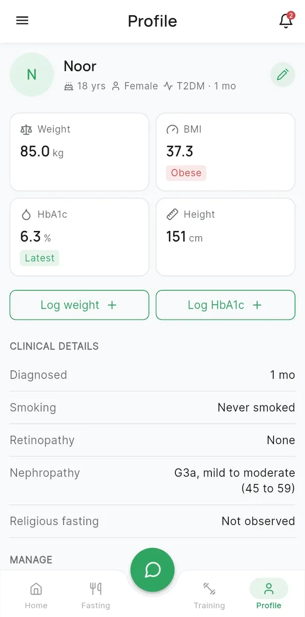 DiaRehab profile screen with weight, BMI, HbA1c and height tiles and the clinical details list