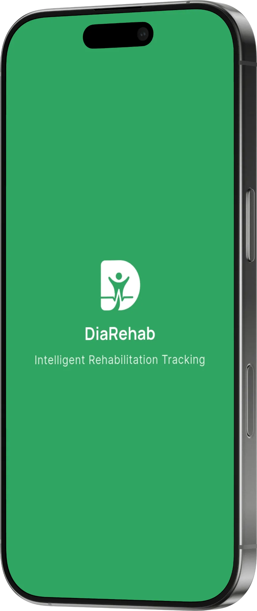 DiaRehab splash screen on an iPhone: the D logo and the tagline Intelligent Rehabilitation Tracking on the app's green