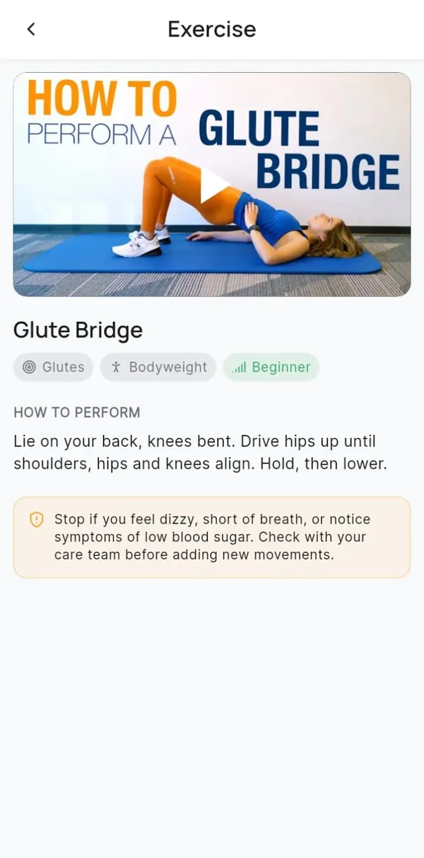 DiaRehab exercise screen for the glute bridge with a demo video, step-by-step instructions and a low blood sugar safety note