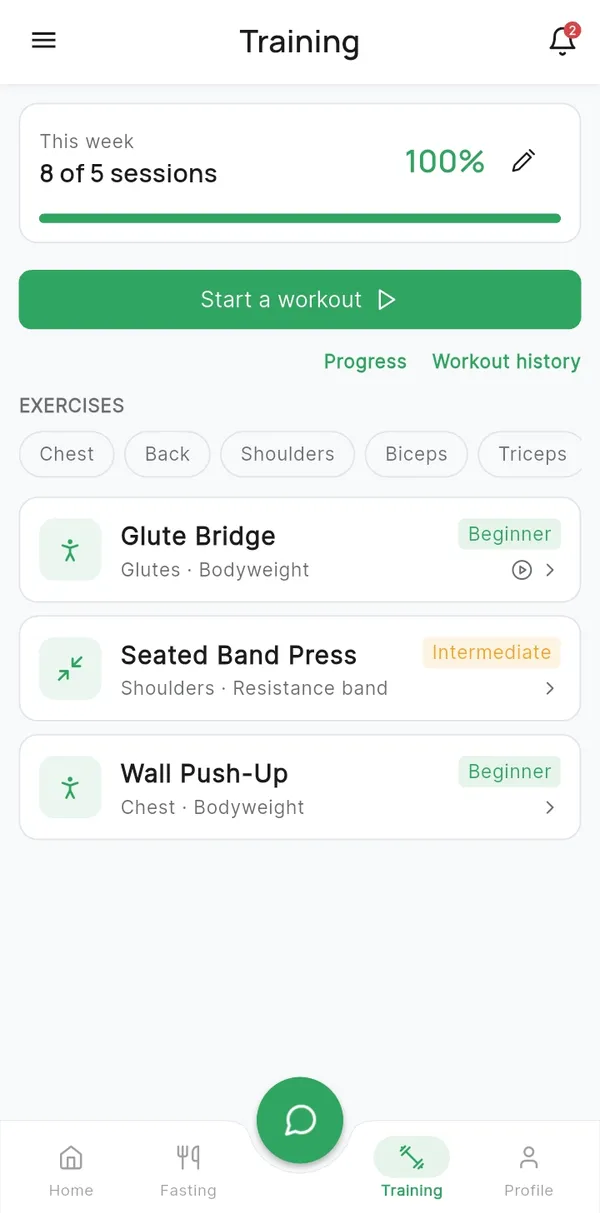 DiaRehab training screen: 5 of 5 weekly sessions done and a list of beginner and intermediate exercises