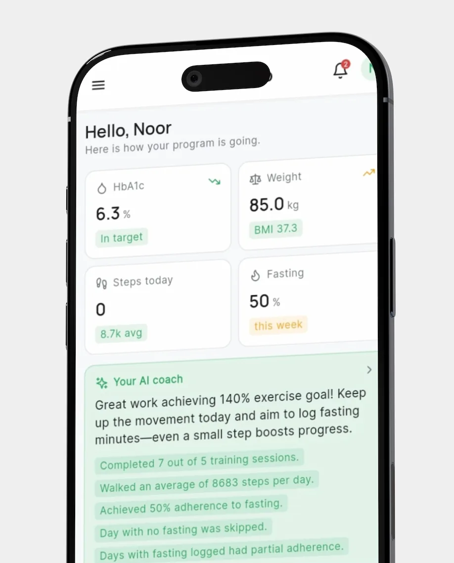 DiaRehab home dashboard on an iPhone standing on a rock: HbA1c, weight, steps and fasting tiles above the AI coach summary, with demo data