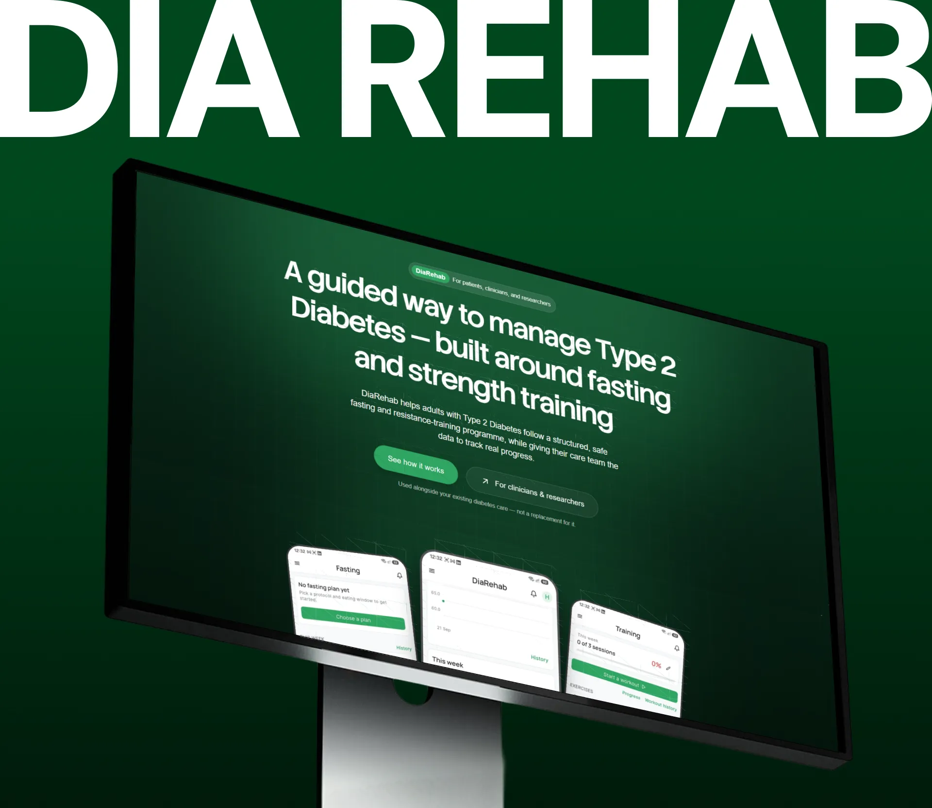 The DiaRehab website on a large monitor: the dark green hero with the headline and three app screens