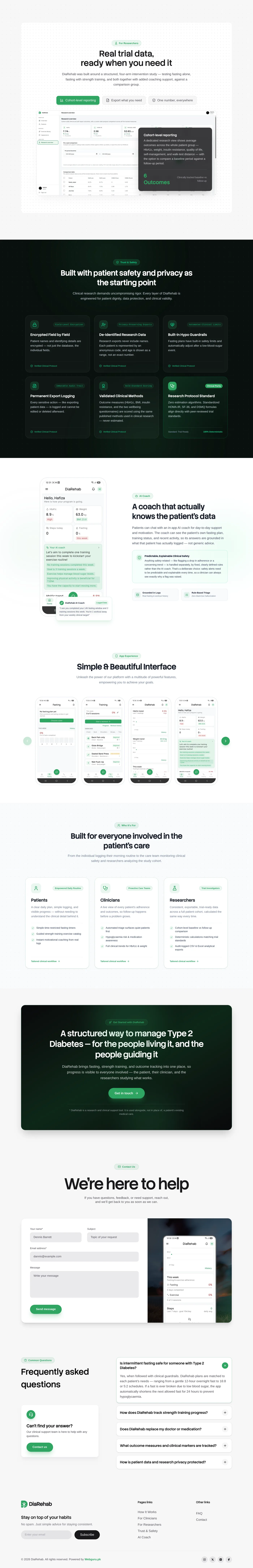 Second half of the DiaRehab home page: the research chapter with the cohort-level reporting view, the dark patient safety and privacy grid, the AI coach chapter, a carousel of app screens, cards for patients, clinicians and researchers, the closing call to action, the contact form, the FAQ and the footer