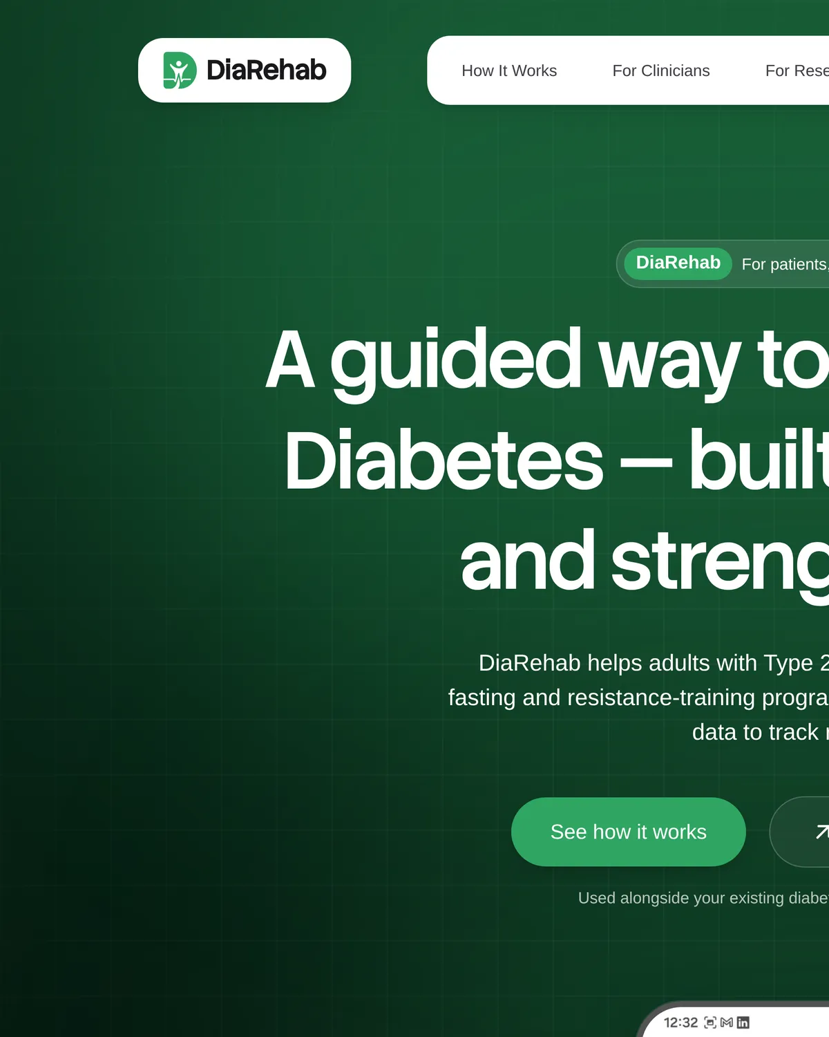 diarehab.online open in a browser window: the DiaRehab logo, the section menu and the start of the hero headline on deep green
