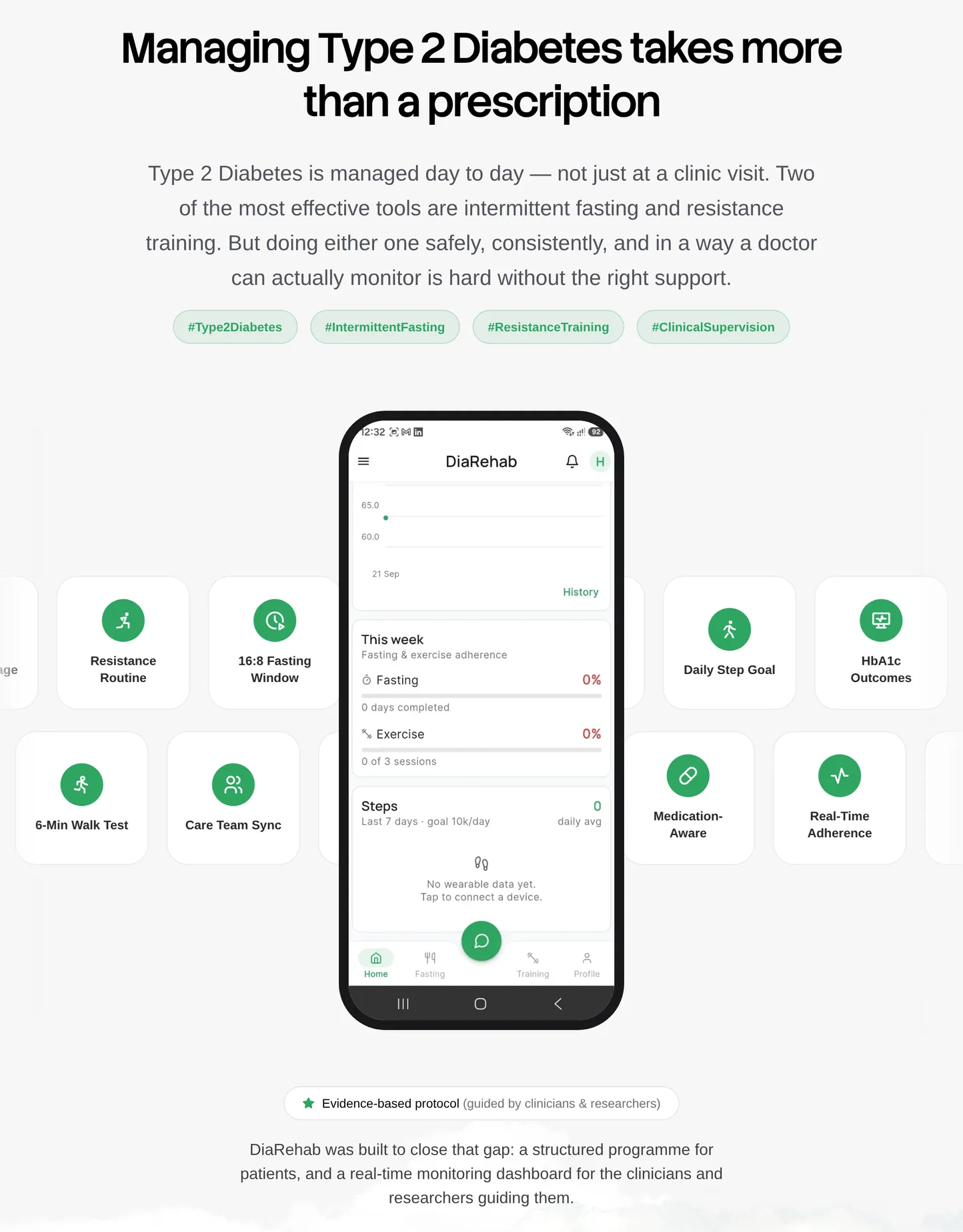 The diarehab.online section Managing Type 2 Diabetes takes more than a prescription: a short intro, topic tags, the DiaRehab app on an Android phone between feature tiles, and Download for iPhone and Get it on Android buttons