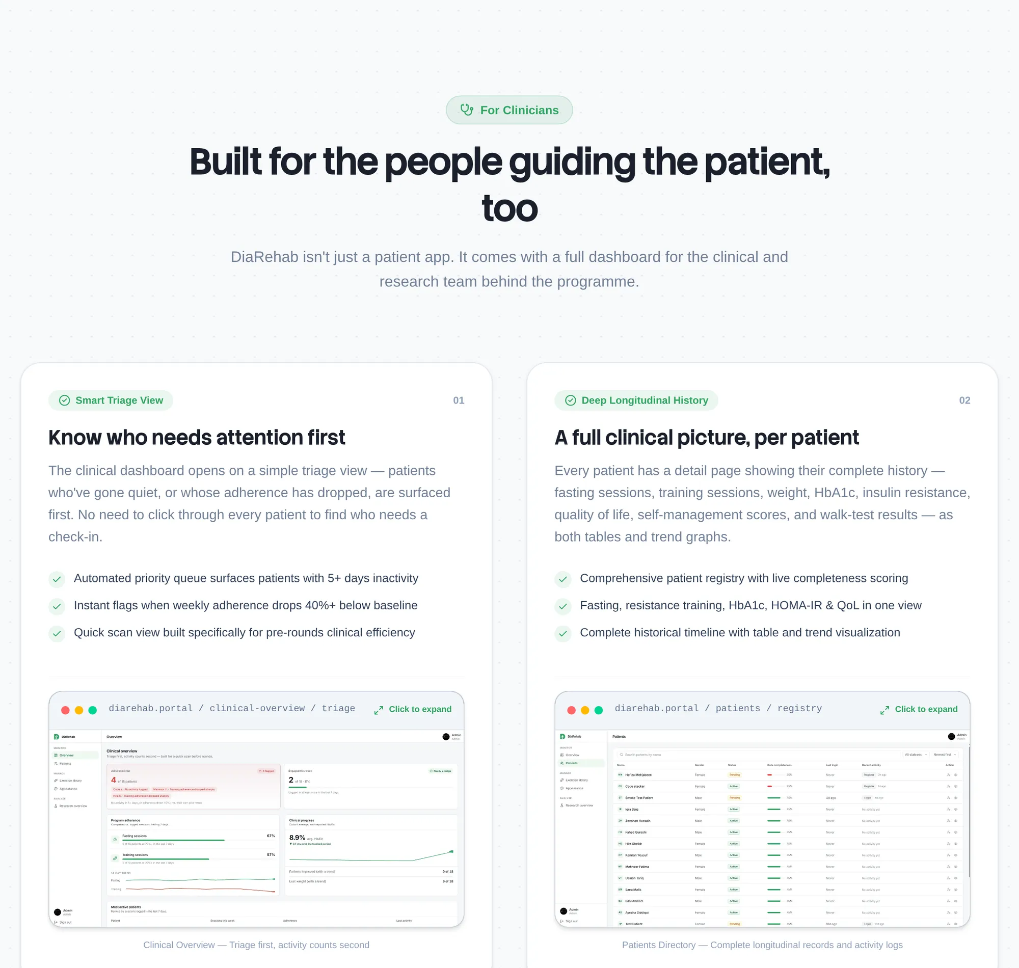 The diarehab.online For clinicians section: Built for the people guiding the patient, too, with cards for triage, patient history, eligibility screening and medication awareness, each with a dashboard screenshot