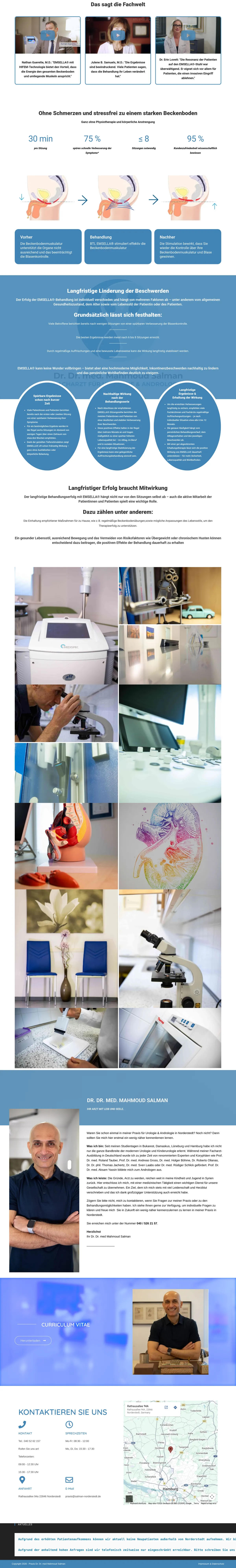 Second half of the Dr. Salman home page: the EMSELLA® chapter with three steps, a gallery of practice photos, Dr. Dr. med. Mahmoud Salman’s profile, the contact block with phone, opening hours, directions and a map, and the footer