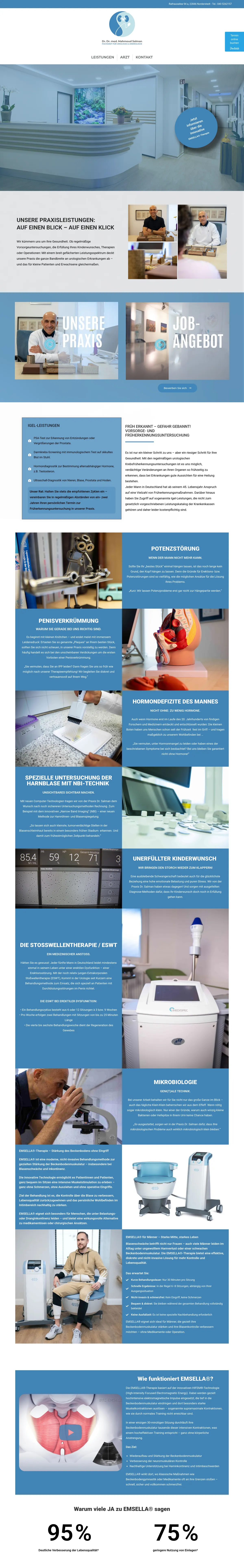 First half of the Dr. Salman home page: the address bar, round logo and three-link menu, the reception photo with the EMSELLA® badge, the practice introduction, Unsere Praxis and Job-Angebot tiles, the IGeL check-up box, the treatment blocks from Potenzstörung to Mikrobiologie and the start of the EMSELLA® chapter