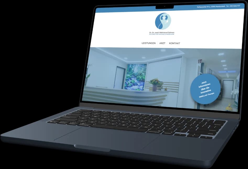 Laptop showing the home page of the Dr. Salman urology practice in Norderstedt: practice logo, Leistungen, Arzt and Kontakt menu and the bright reception area