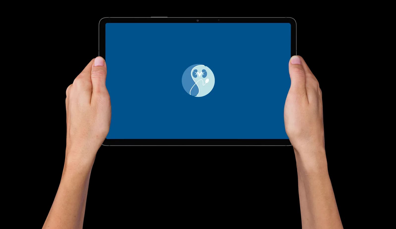 Two hands holding up a tablet showing the round Dr. Salman urology practice logo, a kidney and water-drop motif, on deep blue