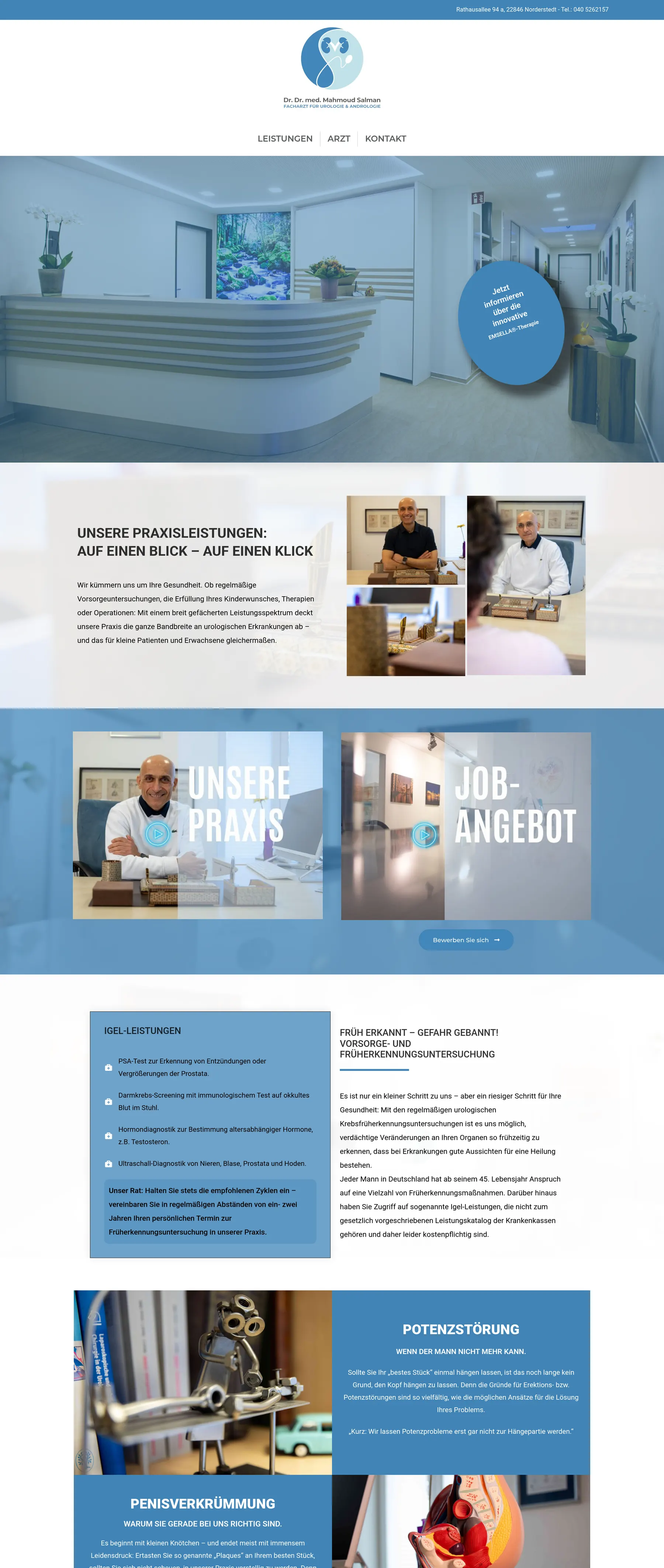 The Dr. Salman home page on desktop: logo and menu, the reception area with the EMSELLA® badge, the services introduction with practice photos, Unsere Praxis and Jobangebot tiles, IGeL services and the first treatment sections